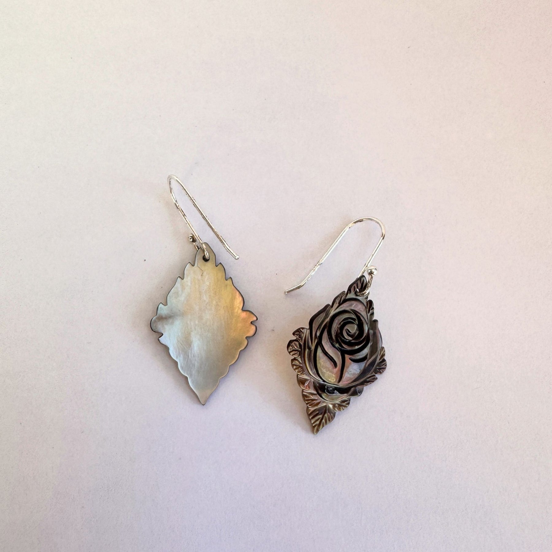 Carved black mother or pearl sterling silver earrings