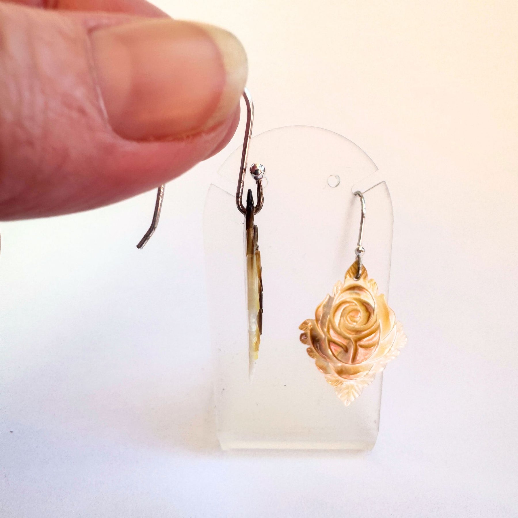 Carved golden mother of pearl with sterling silver earrings