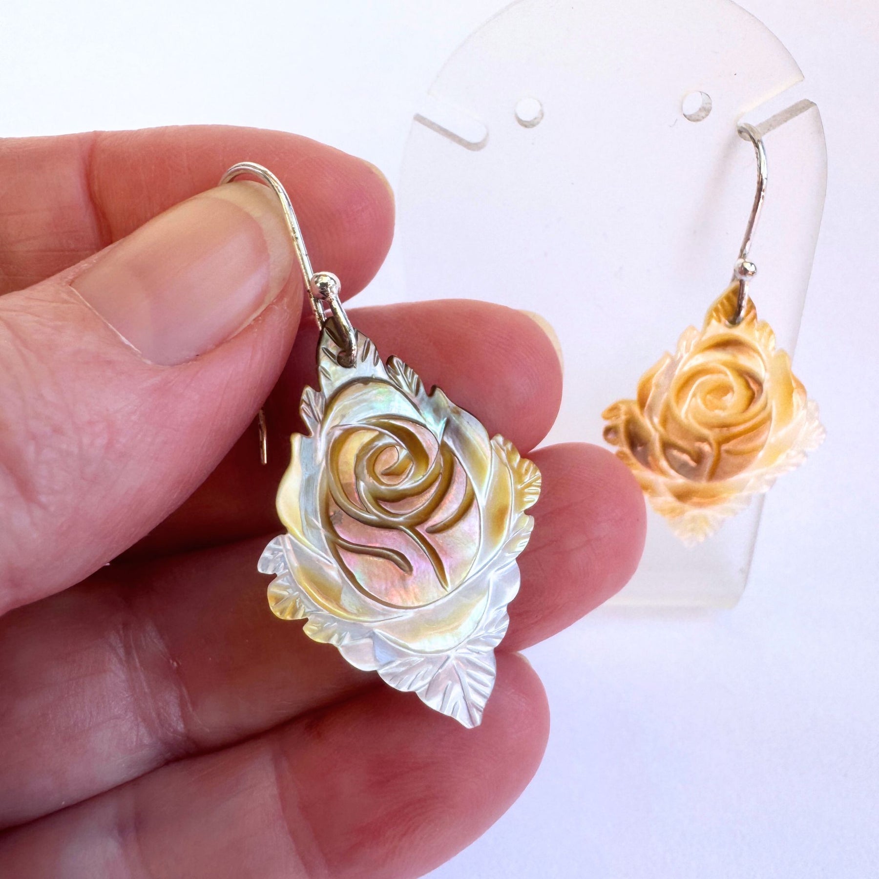Carved golden mother of pearl with sterling silver earrings