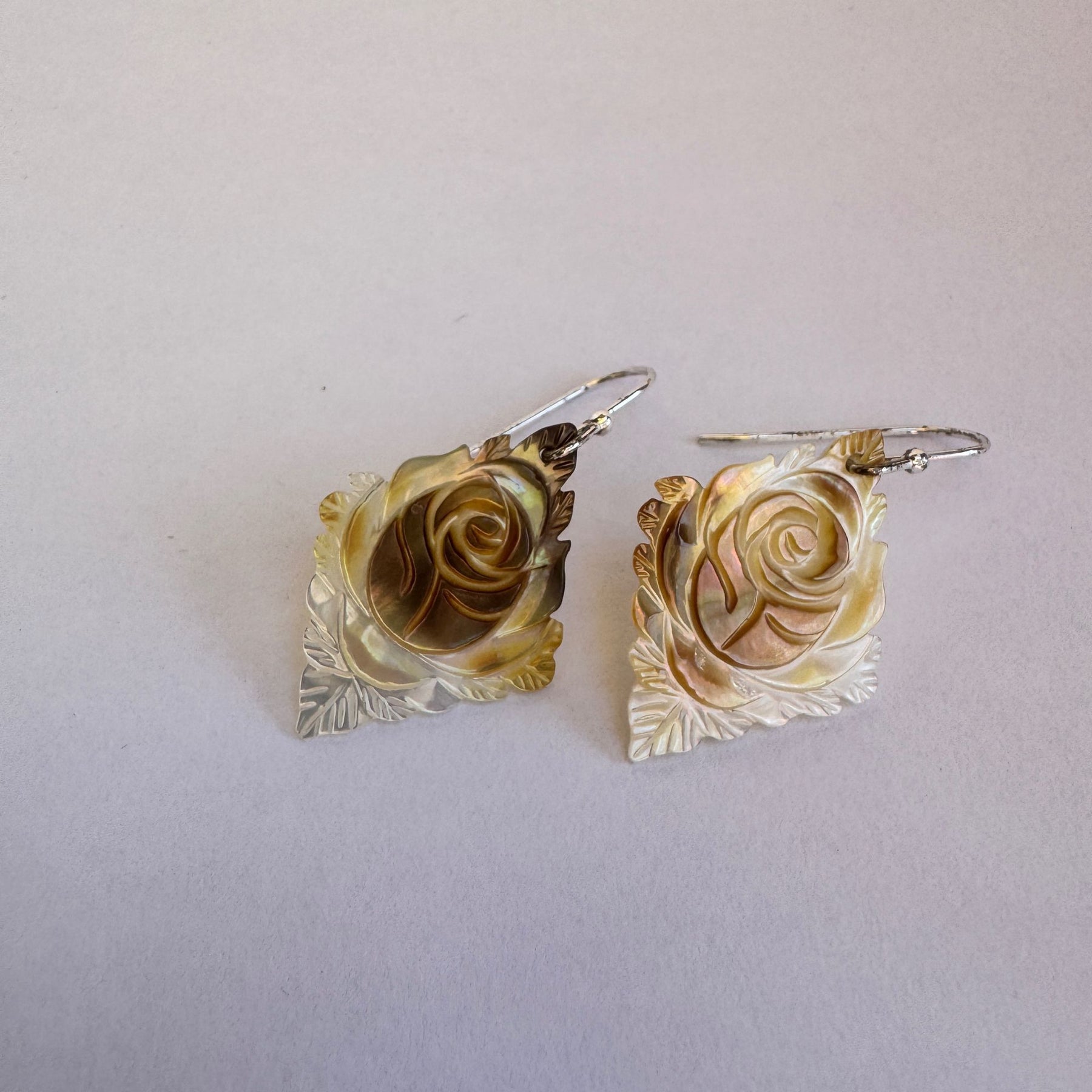 Carved golden mother of pearl with sterling silver earrings