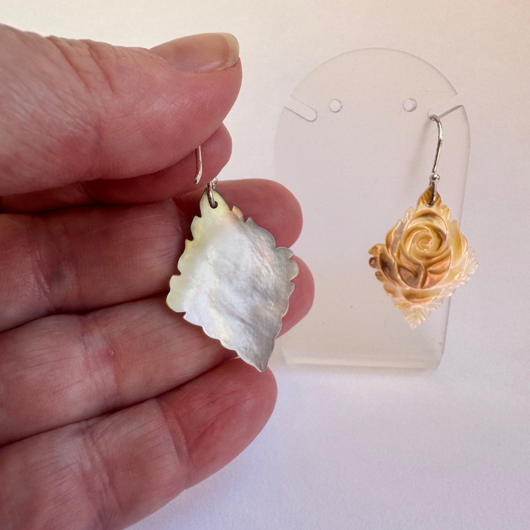 Carved golden mother of pearl with sterling silver earrings