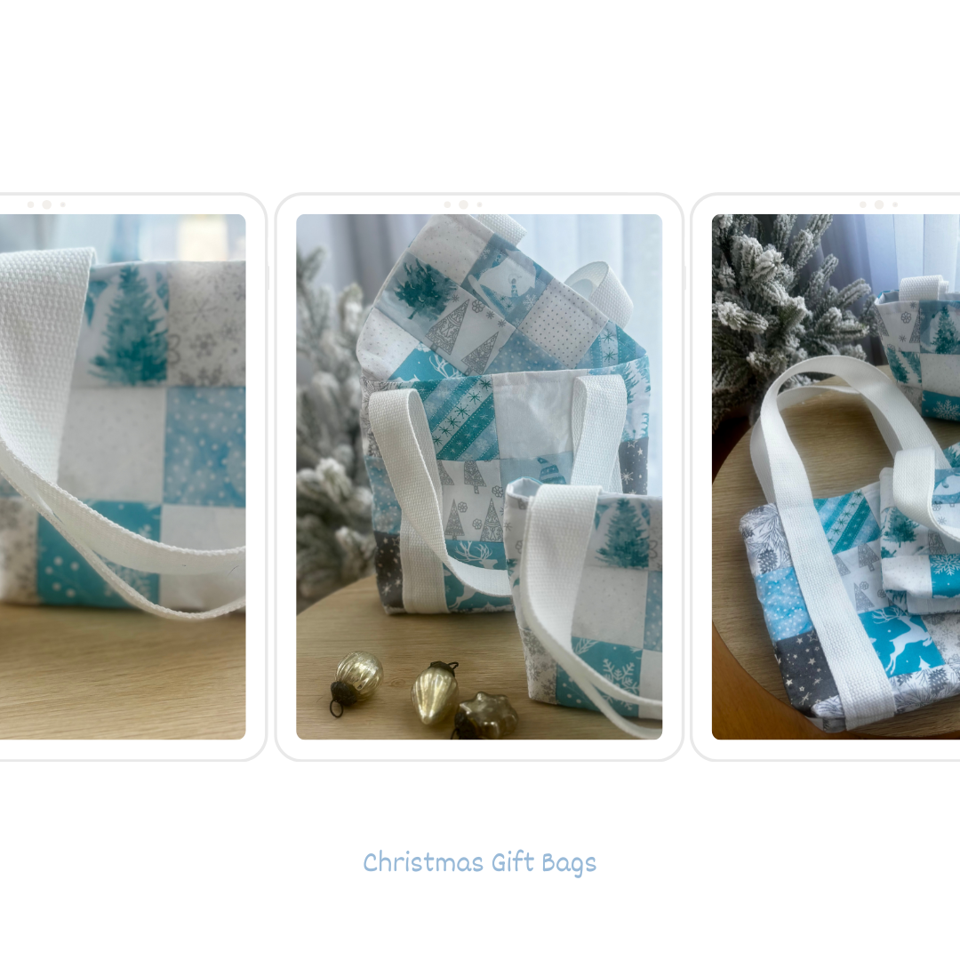 Sustainable Set of 3 Handmade Patchwork Gift Bags – Blue & Silver Christmas Edition