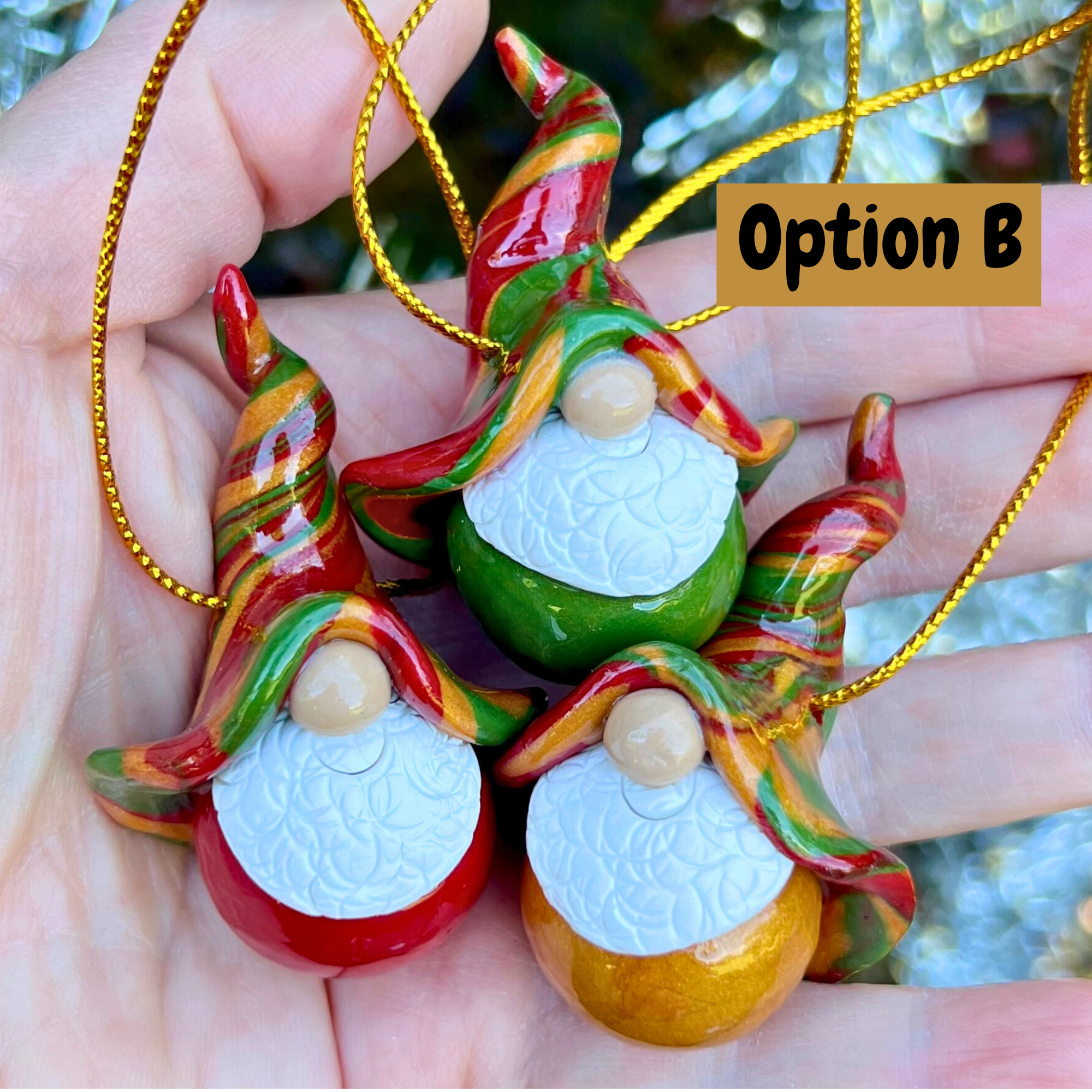 Gnome Christmas bauble trio - mixed - Gold/Red/Green bottoms