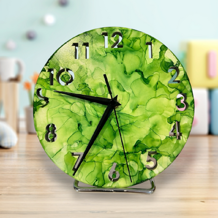 Timber Clock | 20cm Alcohol Ink |Lime Green