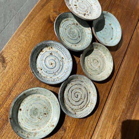 Set Of Seven Blue And White Speckle Hand Crafted Ceramic Trinket Dishes 12 cm Diameter