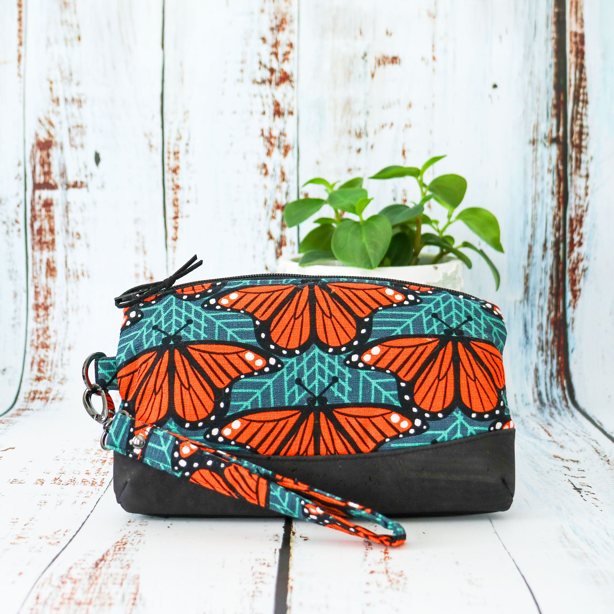 Clematis Wristlet featuring Charley Harper Monarch Butterfly & Black Cork Leather