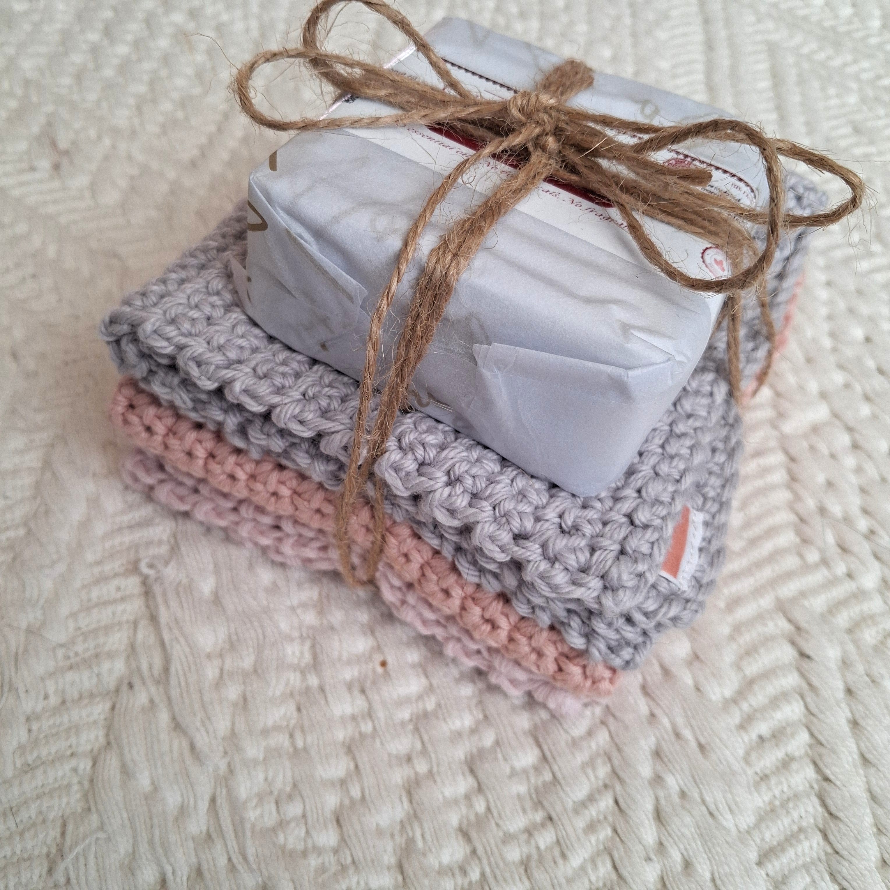 Handmade Crochet 3 Cotton Wash Cloths & Natural Soap