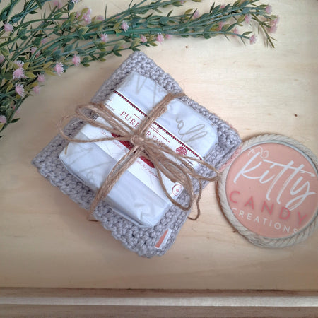 Handmade Crochet 3 Cotton Wash Cloths & Natural Soap