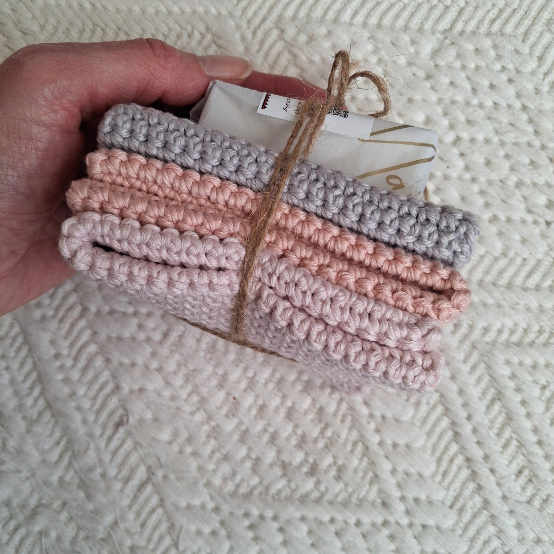 Handmade Crochet 3 Cotton Wash Cloths & Natural Soap - 100% Cotton