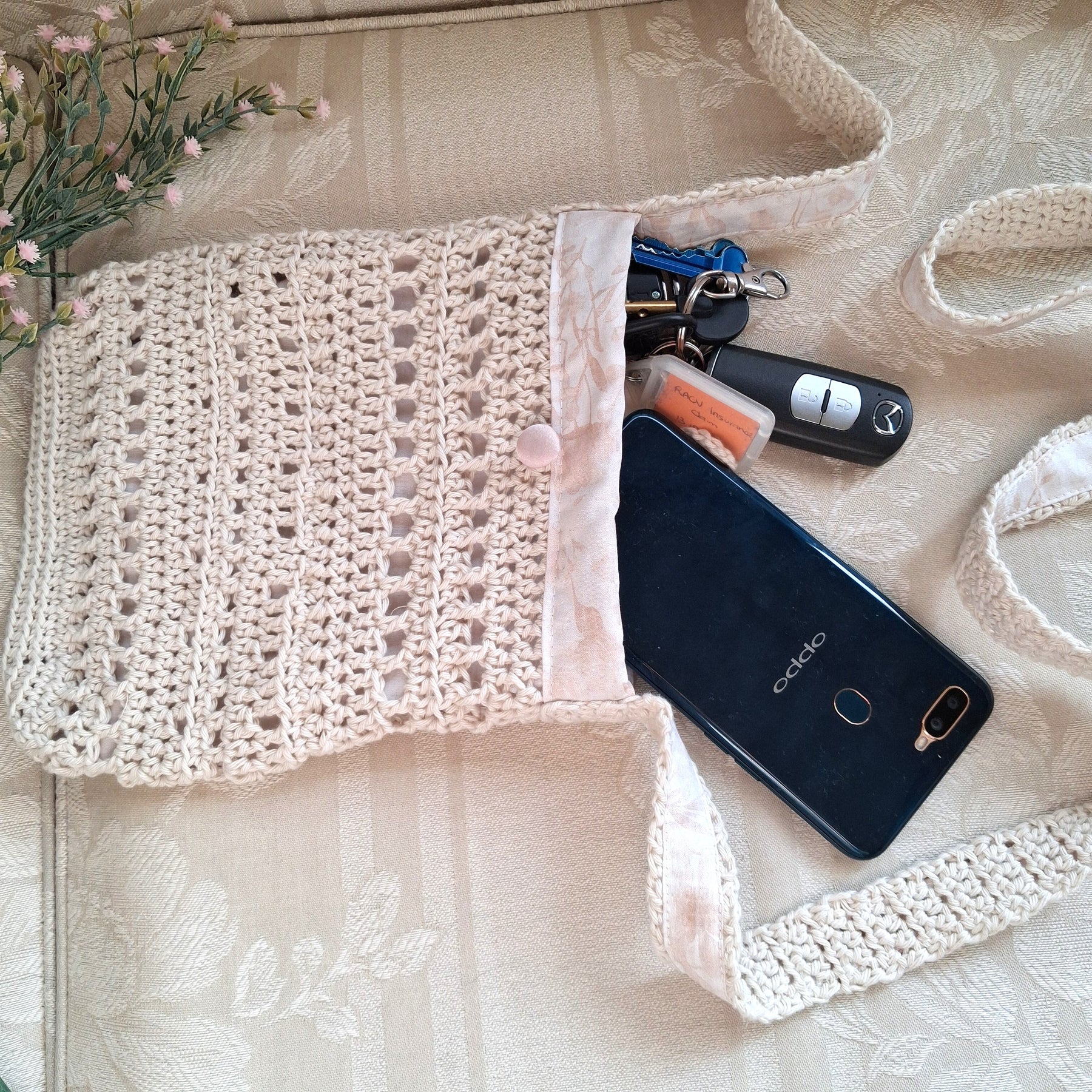 Handmade Crochet Crossbody Bag - 100% Cotton, Lined
