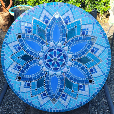 Unique Stained Glass Pale Blue Mandala Wall Art Mosaic, 58cm, ready to hang.