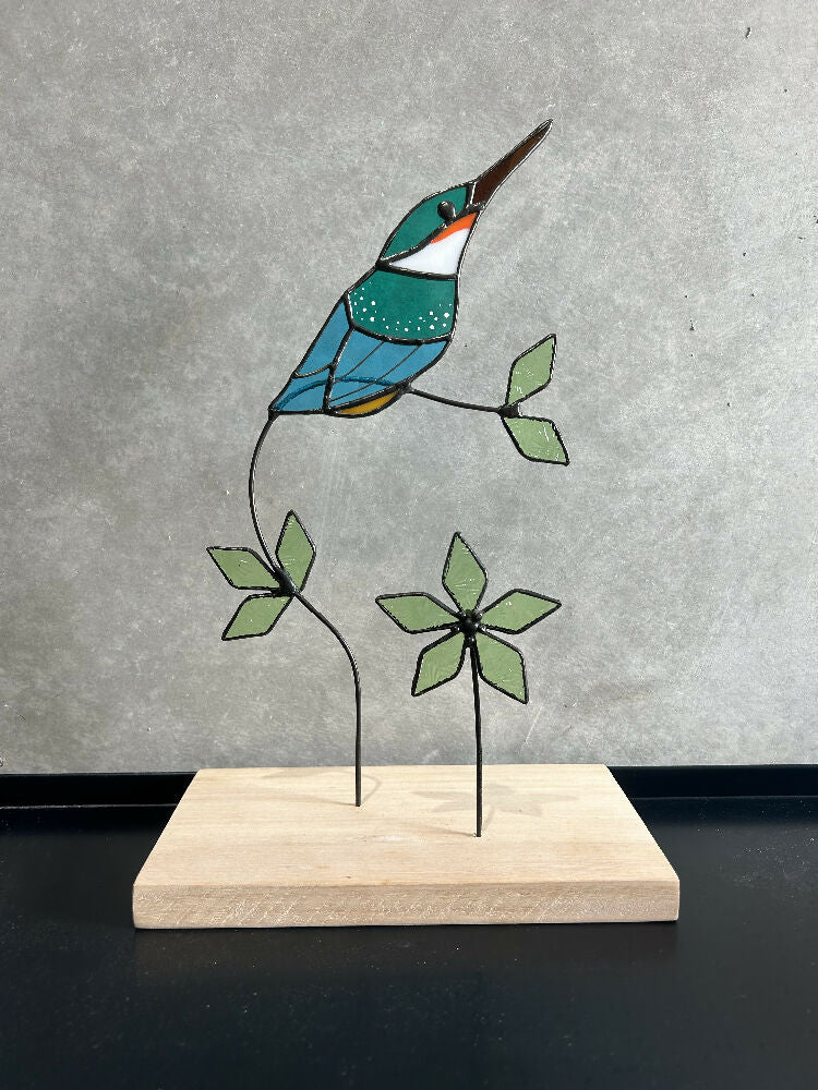 Stained Glass Kingfisher on Wooden Block