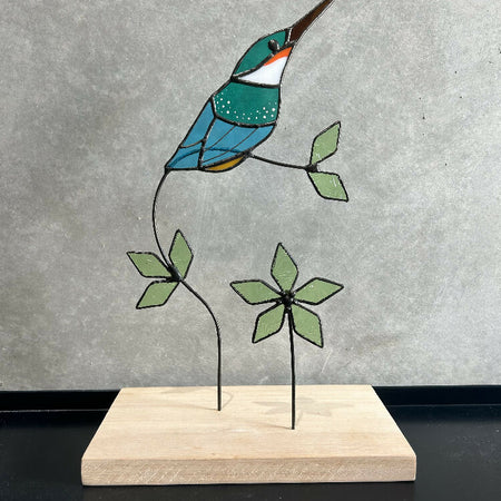 Stained Glass Kingfisher on Wooden Block