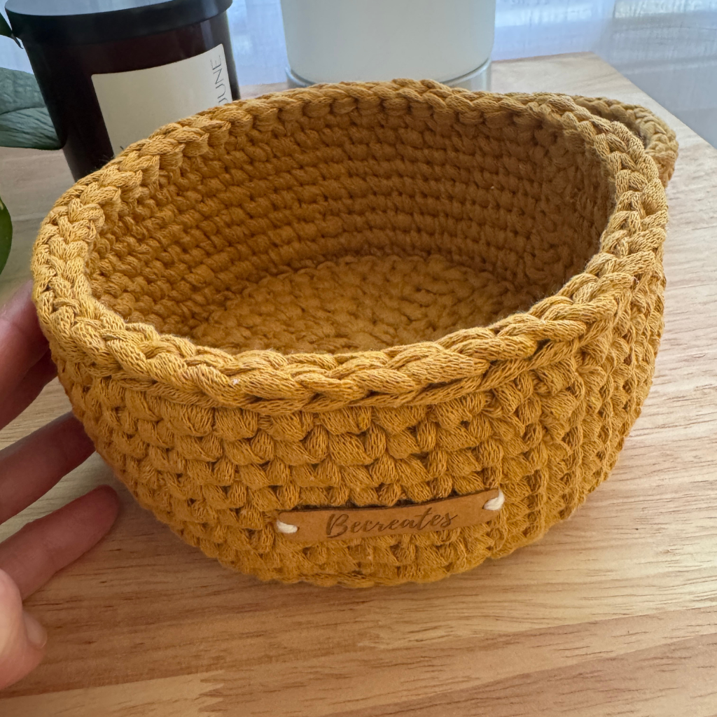 Medium size Warm neutral curry handmade basket | Sustainable recycled textile yarn