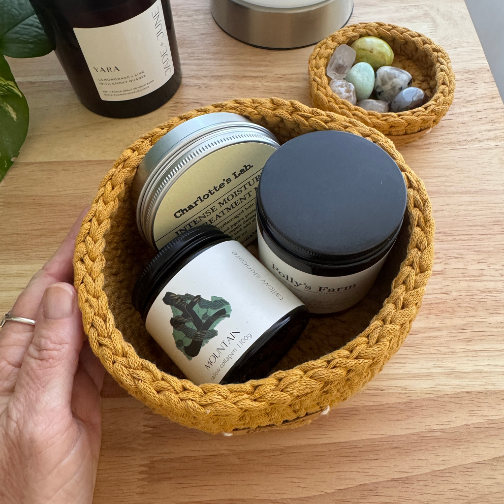 Medium size Warm neutral curry handmade basket | Sustainable recycled textile yarn