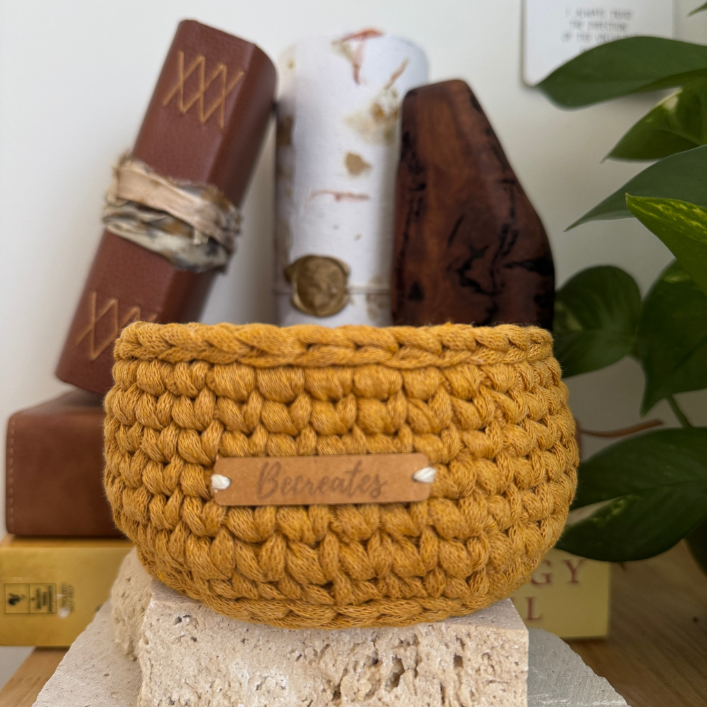 Warm neutral curry handmade basket | Pixie tall | Sustainable recycled textile yarn