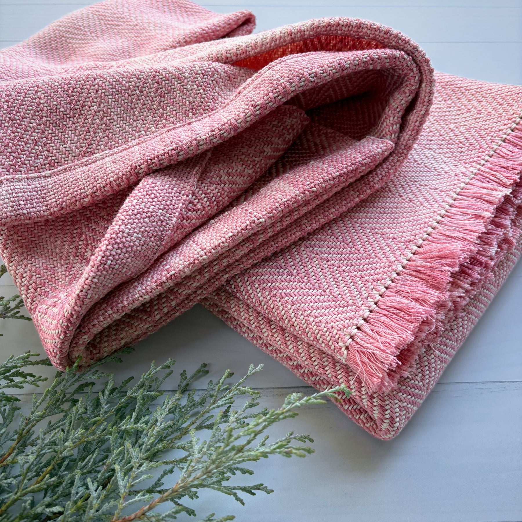Handwoven and hand dyed cotton baby blanket - pink