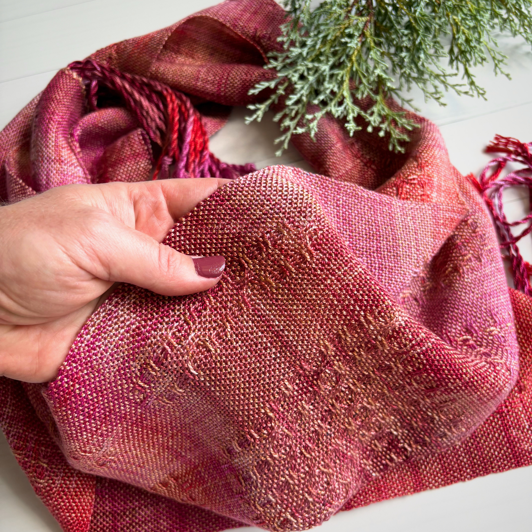 Handwoven and hand dyed luxurious scarf - tencel - dark pink