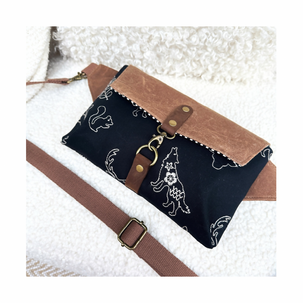 Haralson Belt Crossbody Bag - Embroidered Animals on Black