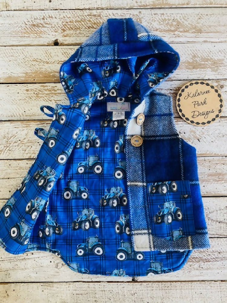 Blue Tractors Vintage Wool Blanket Upcycled Vest Size 3