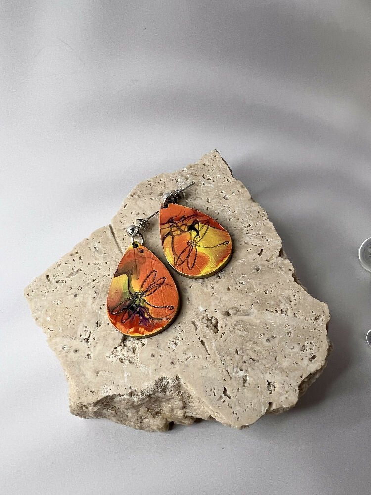 Earrings Teardrop Dragonfly Orange, Yellow, Violet