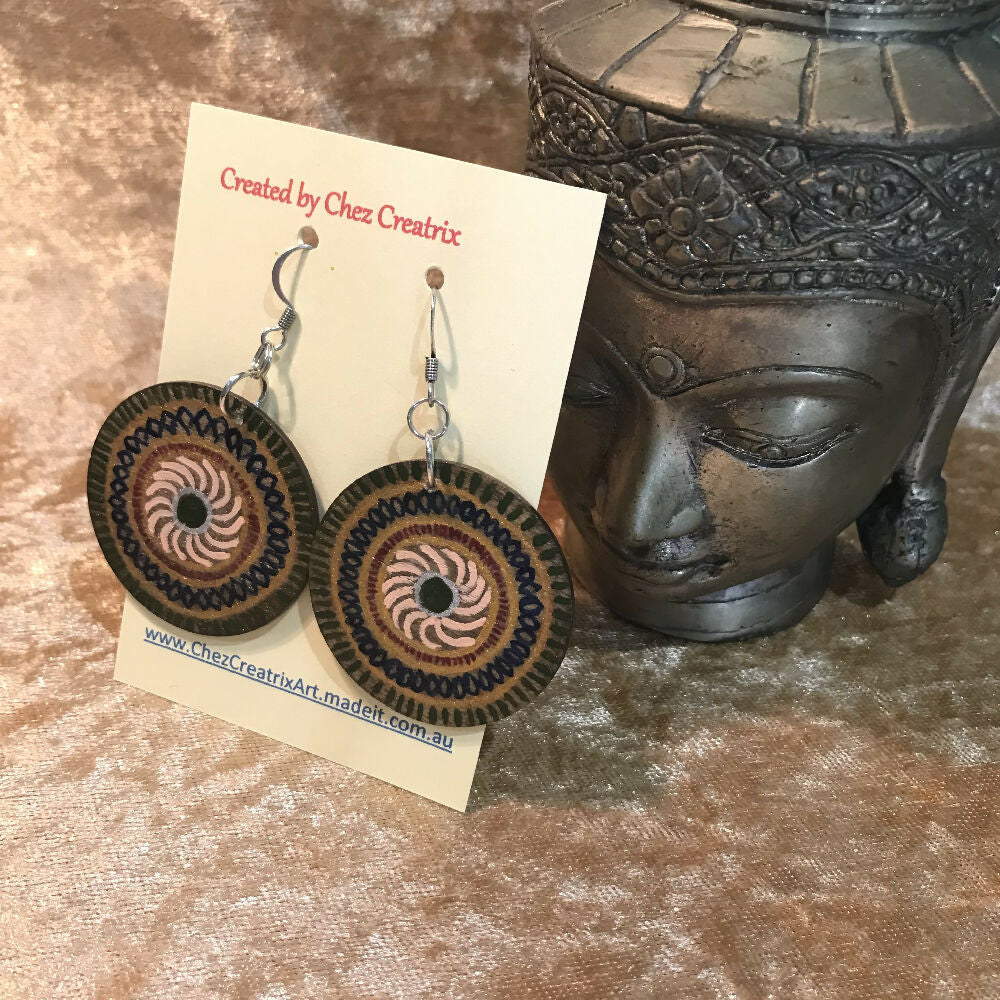 Earrings - Hand Painted Wood - Mandala