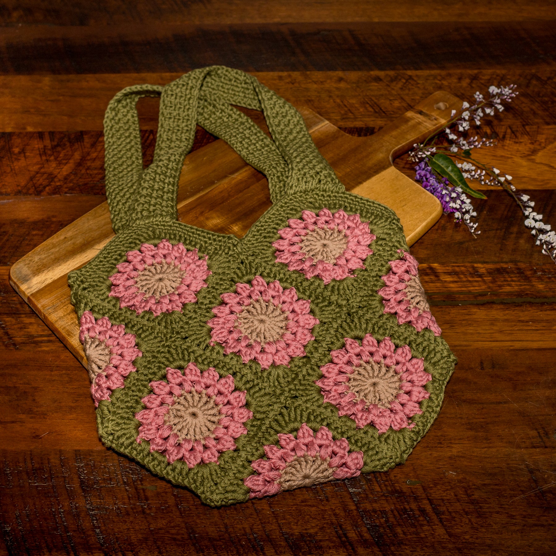 Crocheted Granny Square Tote Bag - 100% Cotton