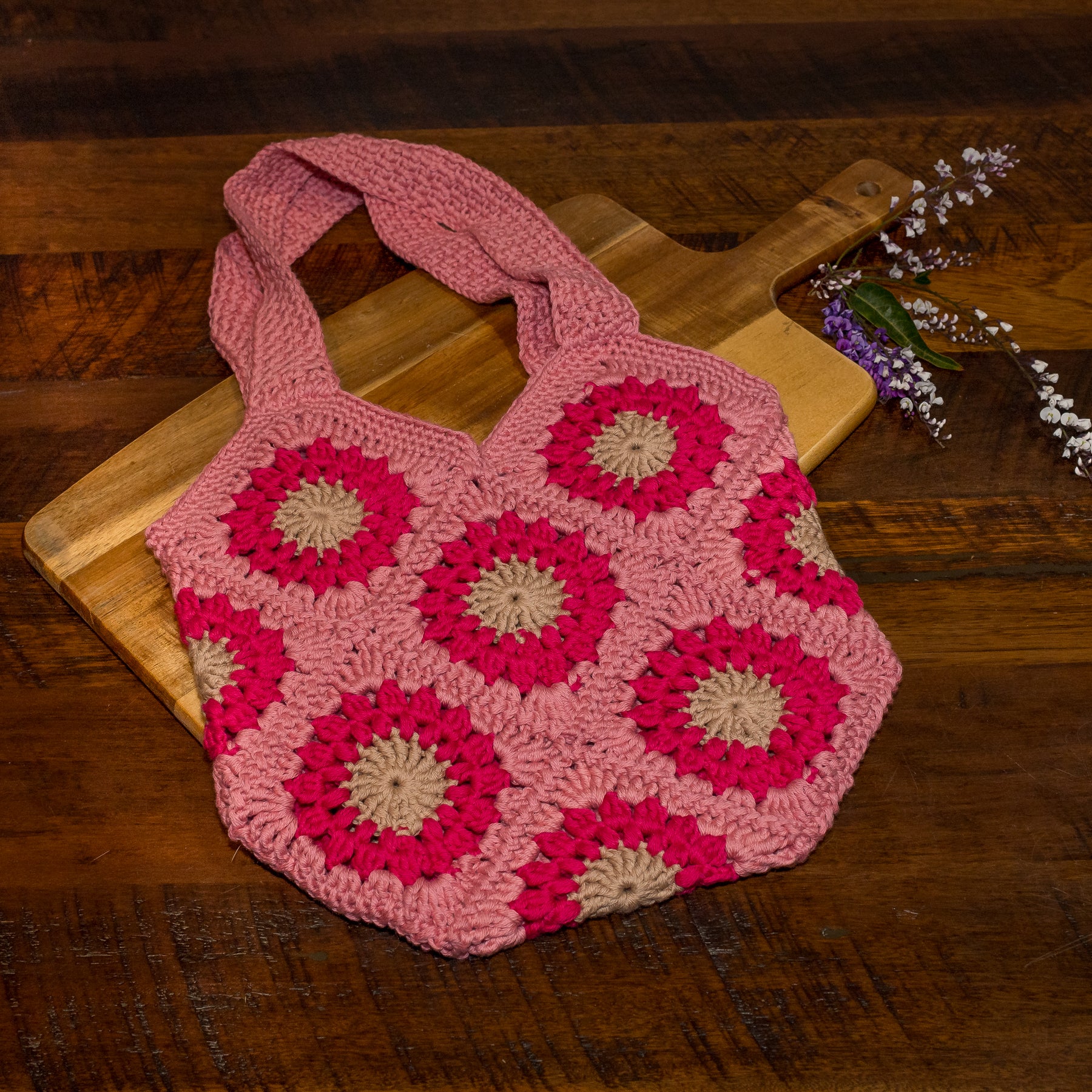 Crocheted Granny Square Tote Bag - 100% Cotton