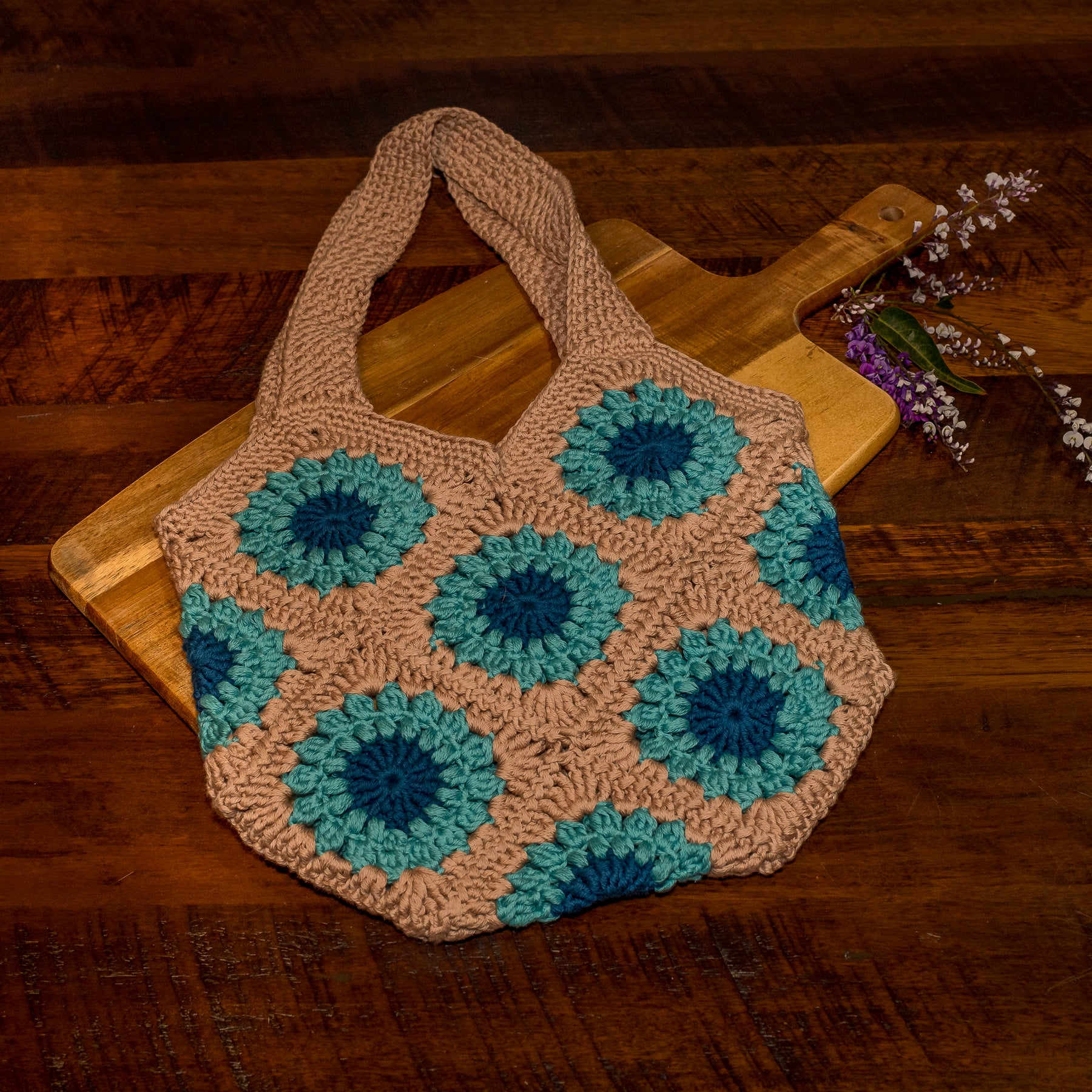 Crocheted Granny Square Tote Bag - 100% Cotton