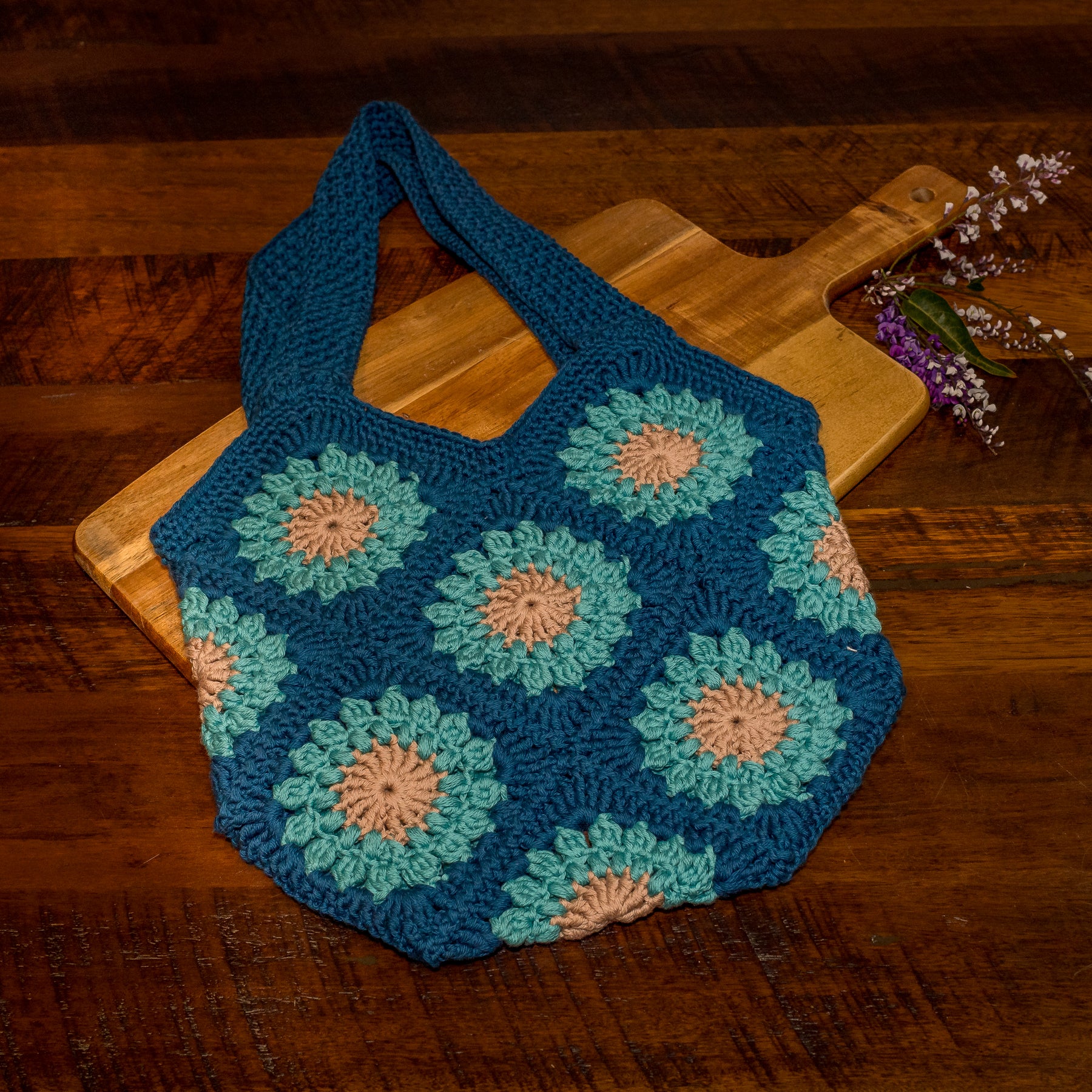 Crocheted Granny Square Tote Bag - 100% Cotton