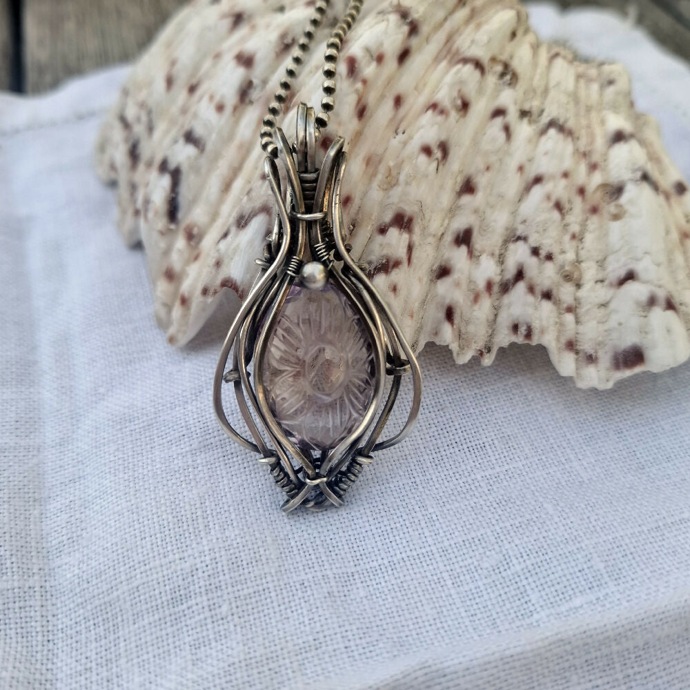 Intaglio carved Amethyst in Sterling Silver with SS chain