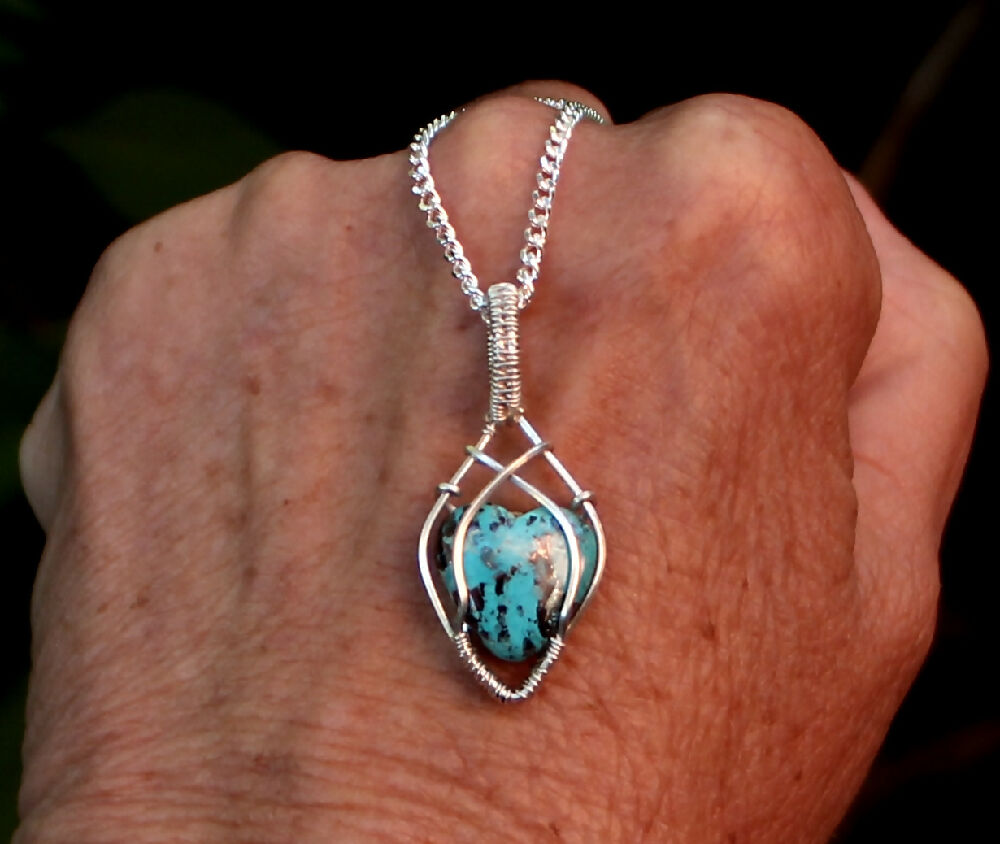 Shattuckite heart pendant in Sterling Silver with chain
