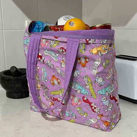 Grocery Tote .. Cars .. Lined with storage pouch
