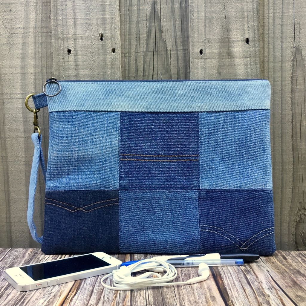 Large Upcycled Denim Patchwork Pouch - Ring zipper pull