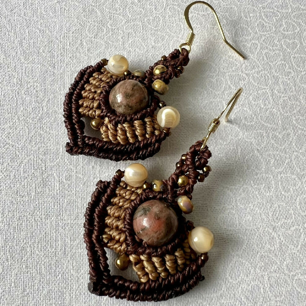 SOLD OUT- Jasper & Shell beads - Micro Macrame Earrings +Free Microfiber Pouch