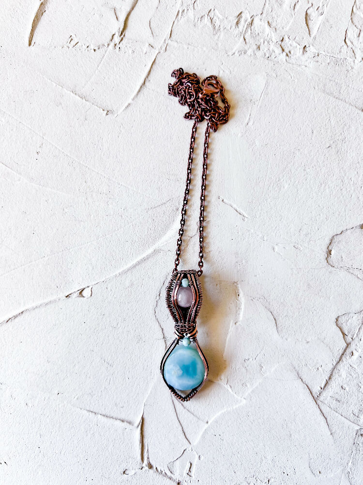 Larimar and Rose Quartz copper wire pendant with larimar accent beads