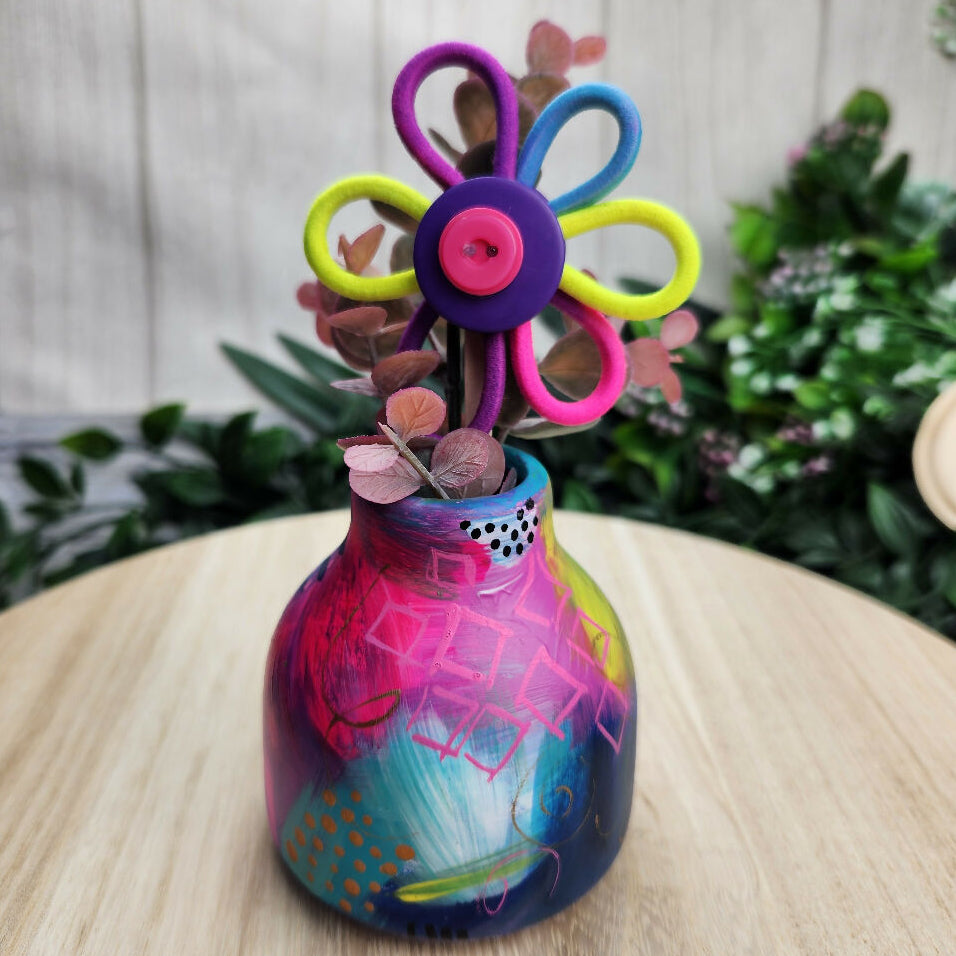 Blooming Buttons - Handpainted Squat Vase with Button Flowers