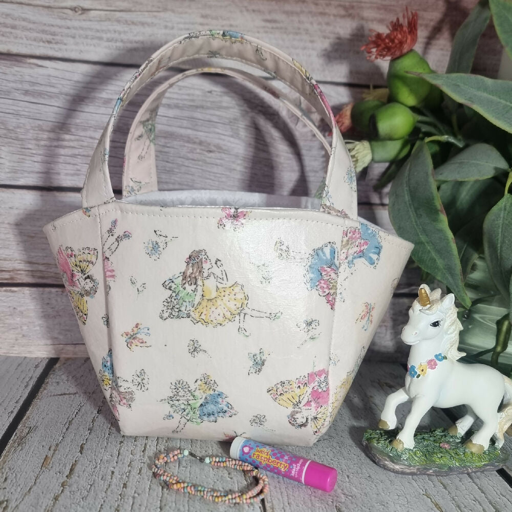 Upcycled mini basket tote - Pastel fairies