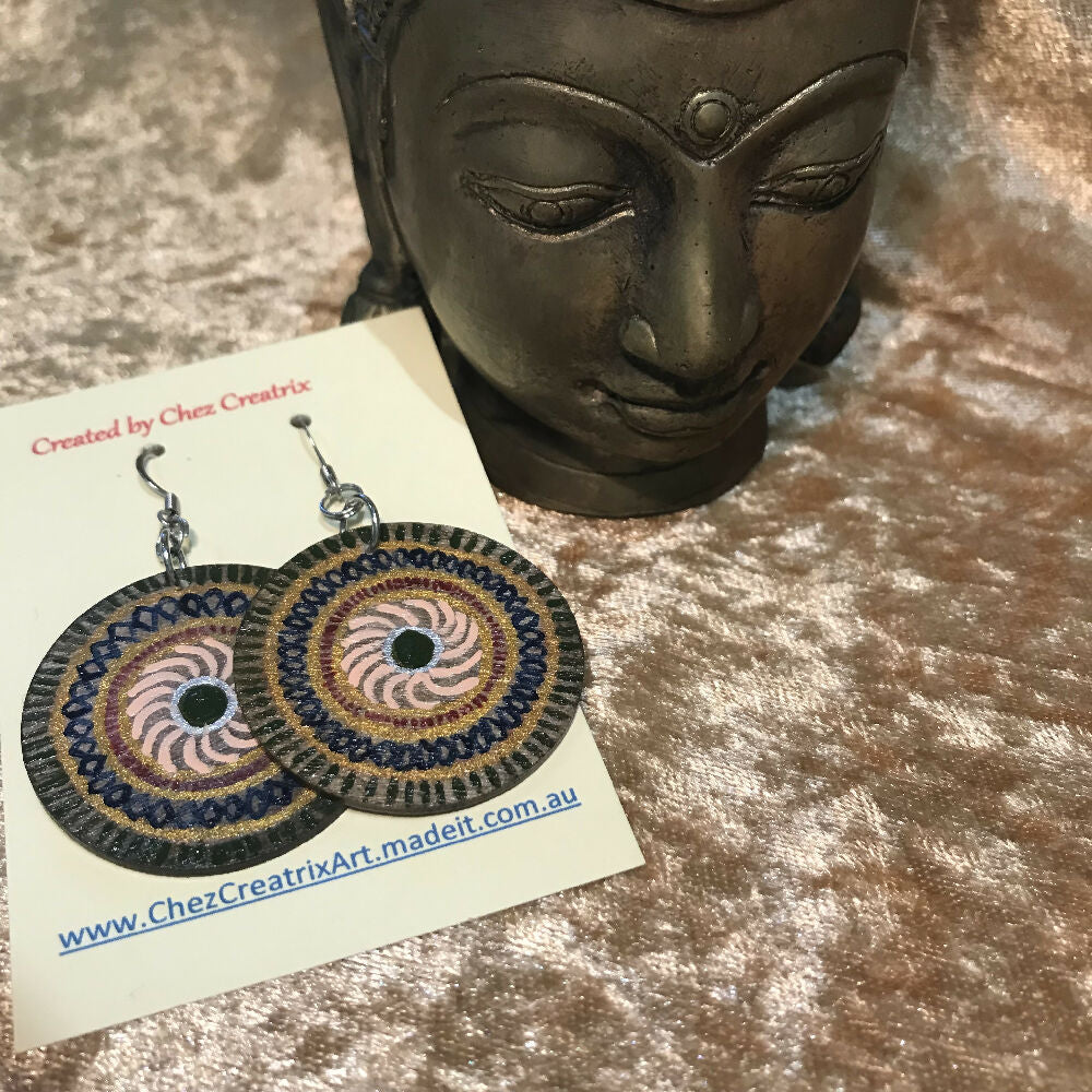 Earrings - Hand Painted Wood - Mandala