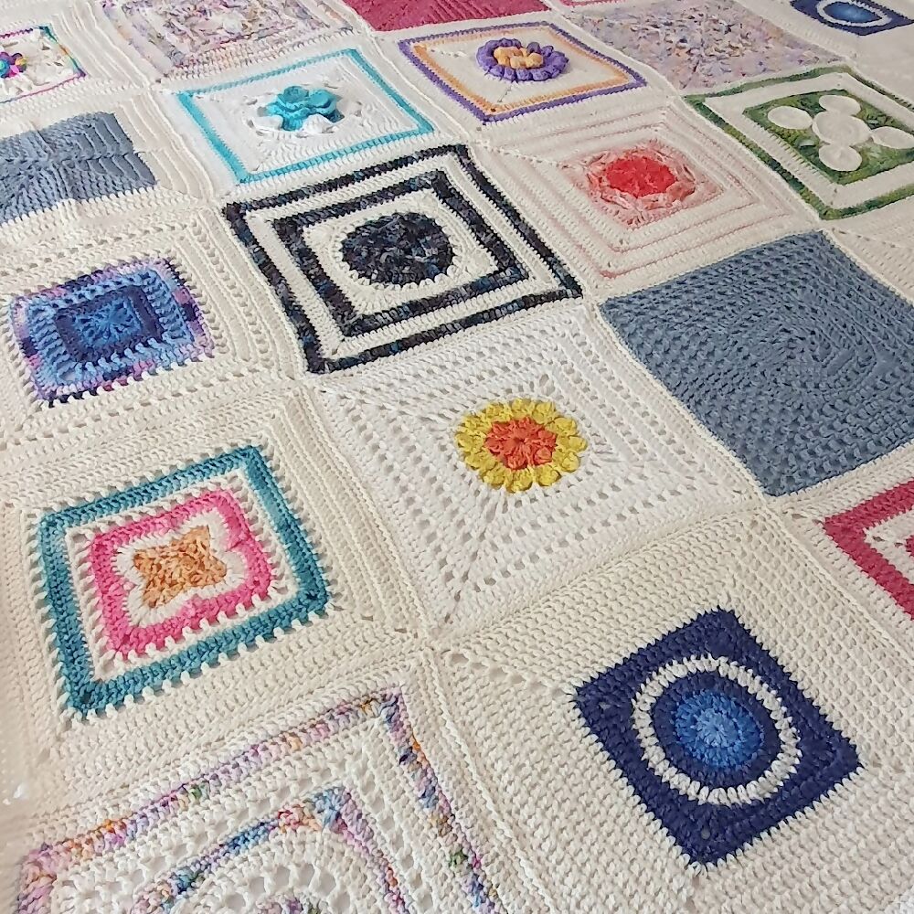 Single Blanket square blocks crochet wool cream multicolour