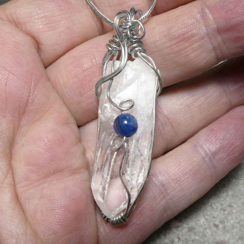 Large Quartz point with Kyanite Sterling silver pendant