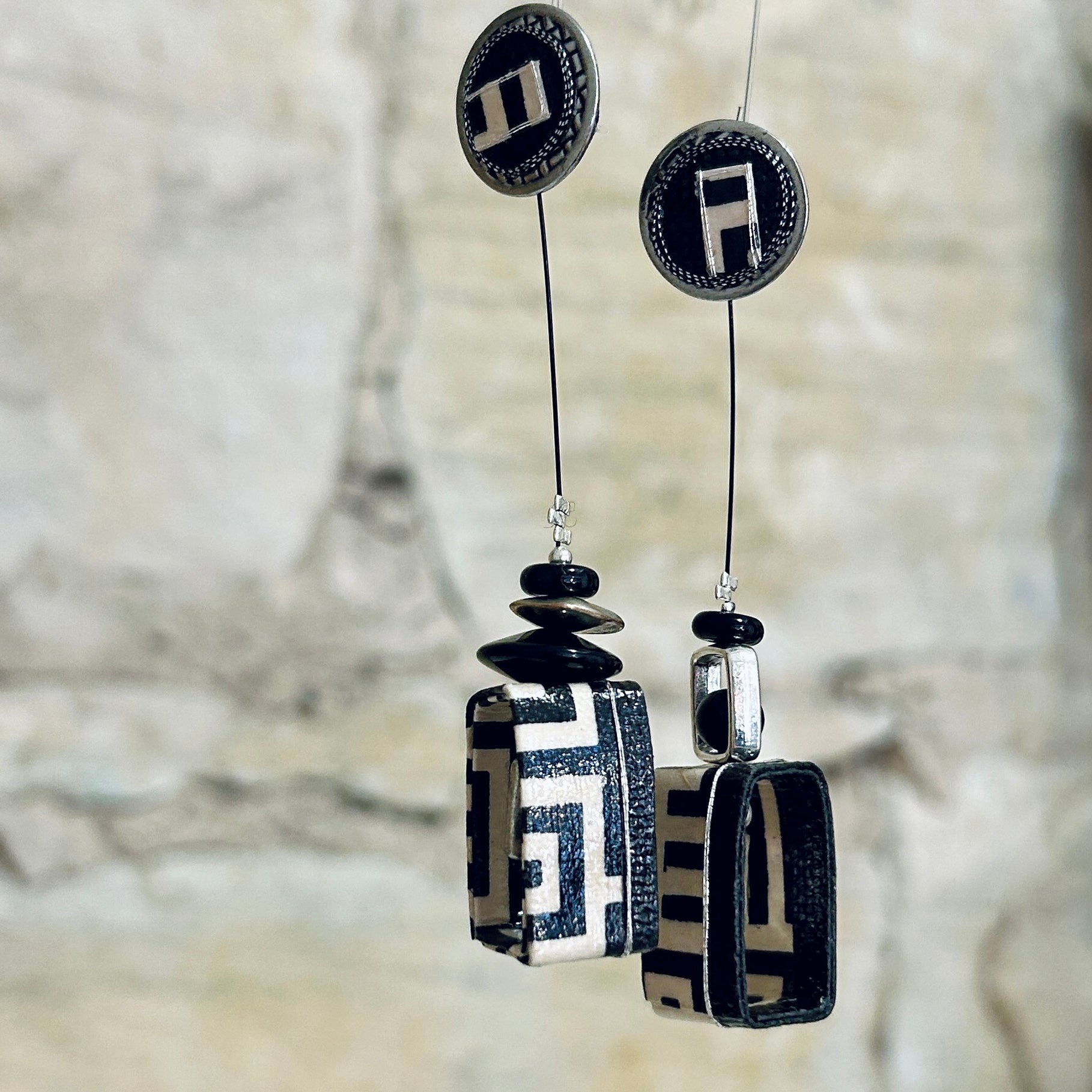 Extra Long Black Beige Japanese Paper Earrings with studs - L9.5cm