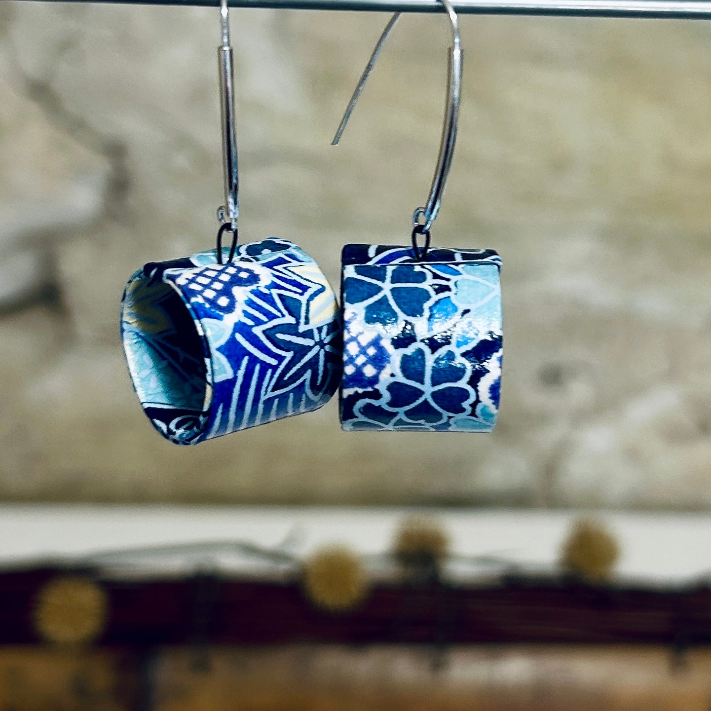 Earrings Bright Blue & White Japanese Floral Paper - EC-472
