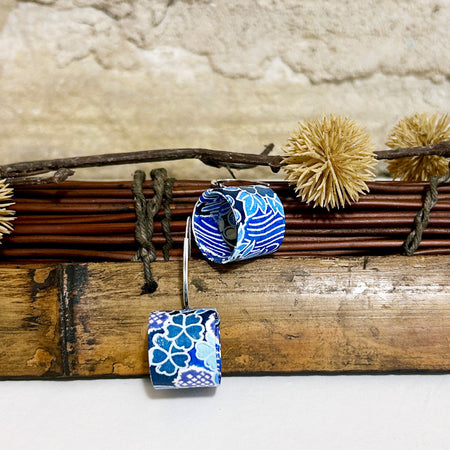 Bright Blue & White Japanese Floral Earrings - L5cm x W2cm