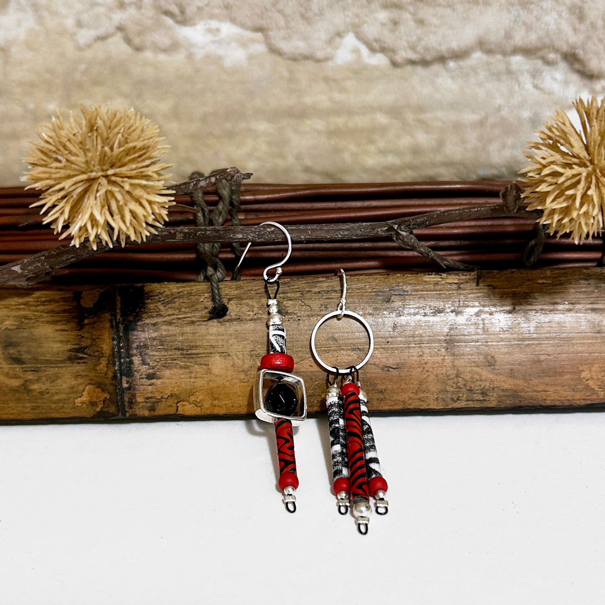 Asymmetrical Red Black White Silver Earrings - L7cm x W1.5cm