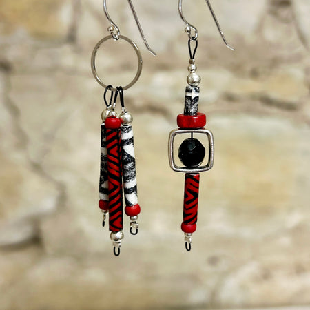 Asymmetrical Red Black White Silver Earrings - L7cm x W1.5cm