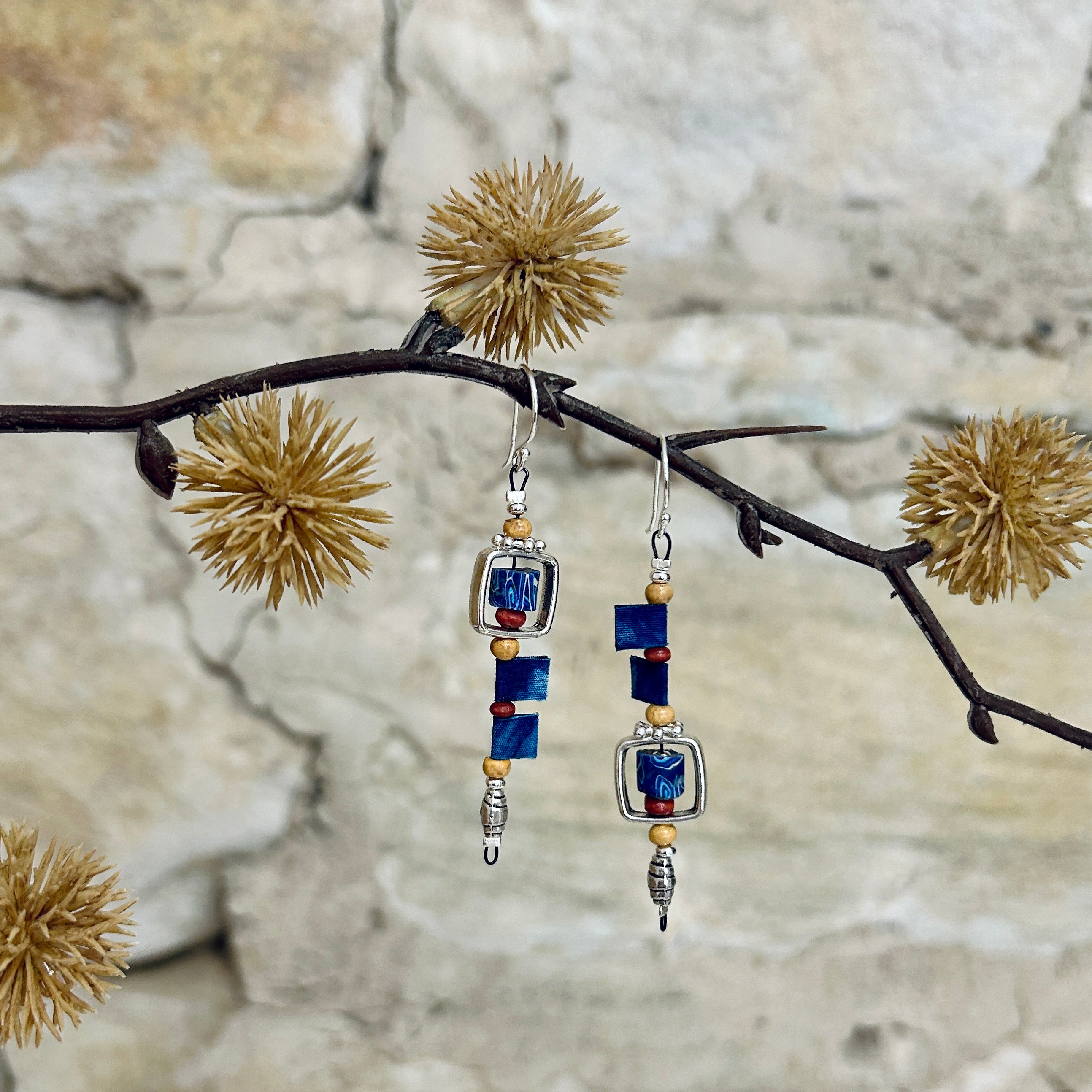 Long Blue Yellow Rust Silver Mismatch Earrings - L6.5cm