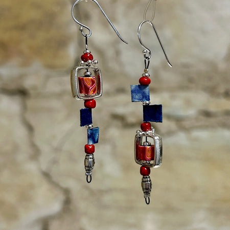 Long Red Blue Silver Asymmetrical Earrings - L6.5cm