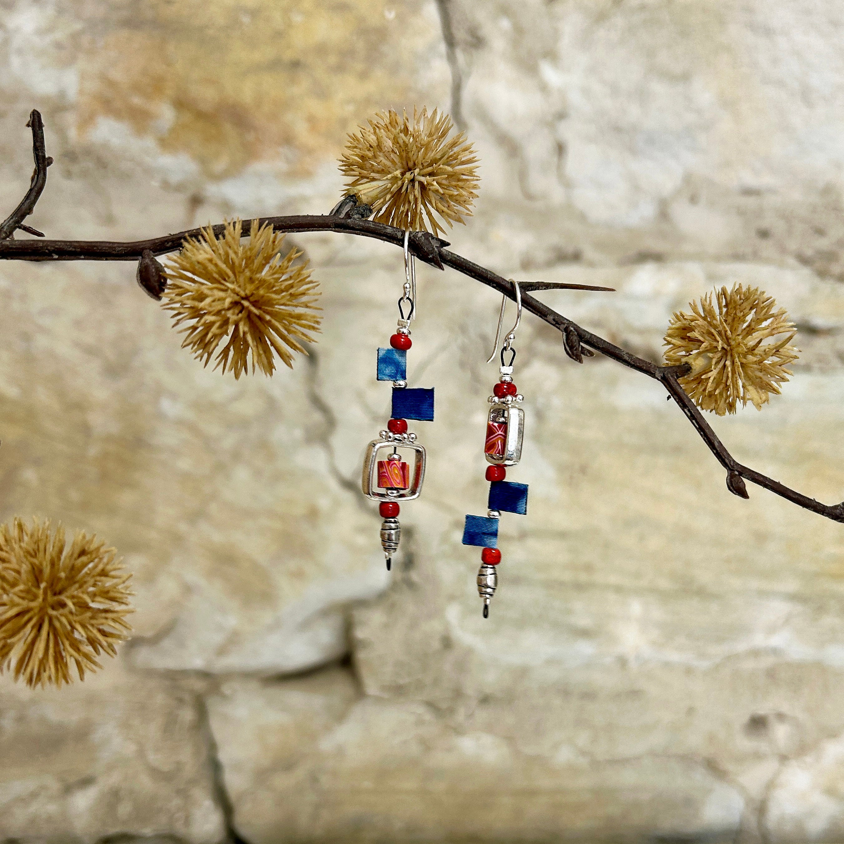 Long Red Blue Silver Asymmetrical Earrings - L6.5cm
