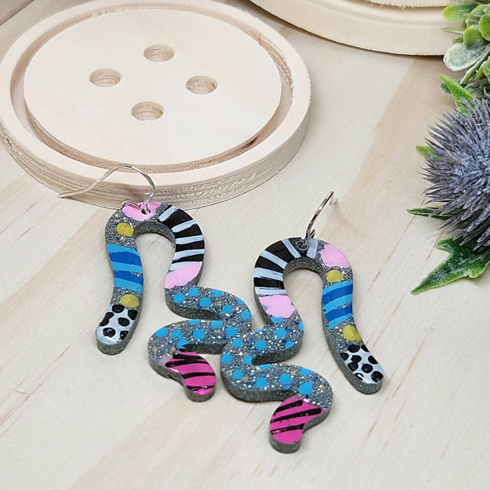 Dangle Earrings Squiggles Hand Painted Handcast Resin - Hook